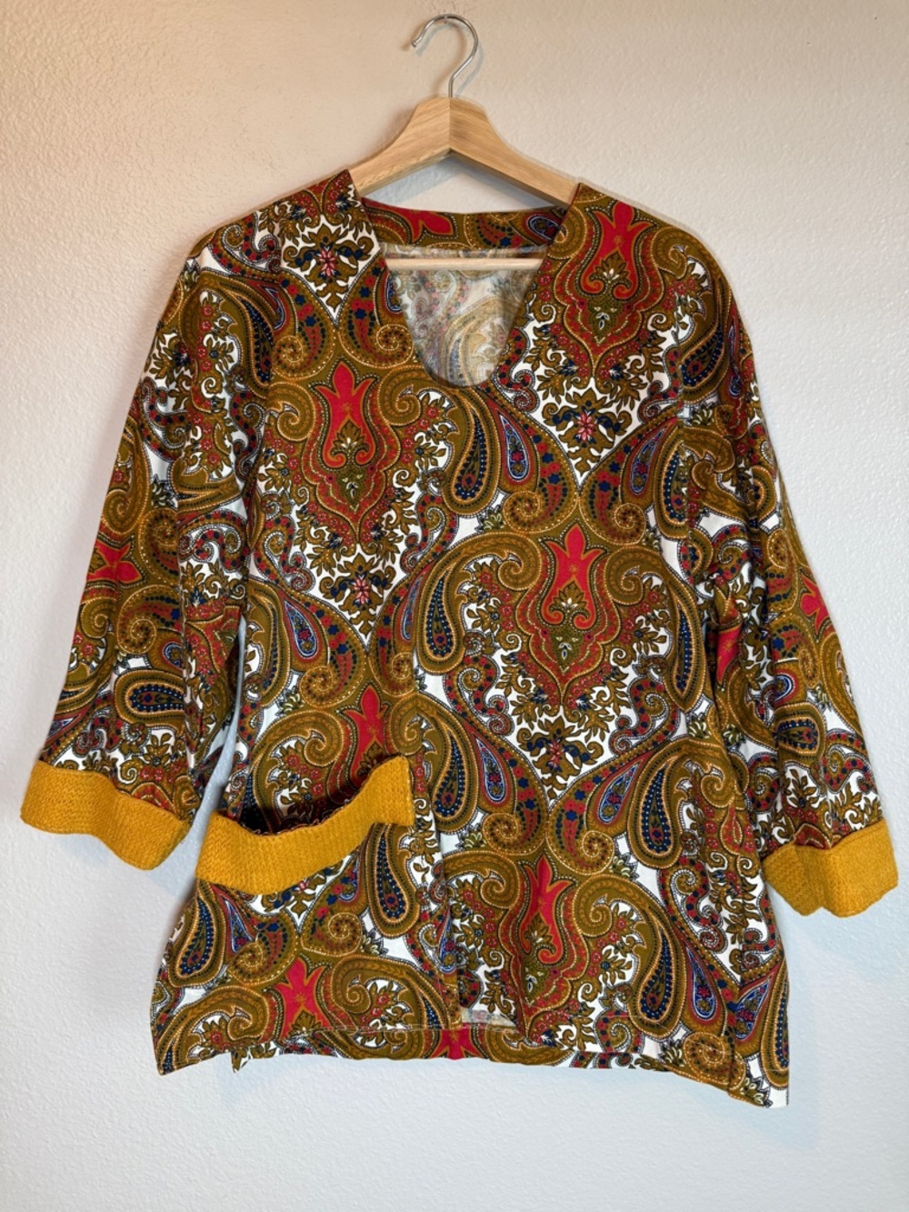 Handmade Paisley Tunic Top L/XL V-Neck Mustard Cuffs Boho Mod Artisan Hippie